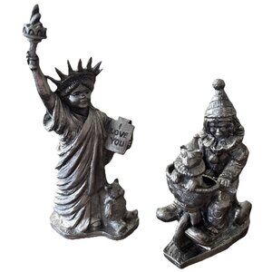 2-VTG Michael Ricker Pewter Statues-Statue Of Liberty & Clown On Bike-Signed!